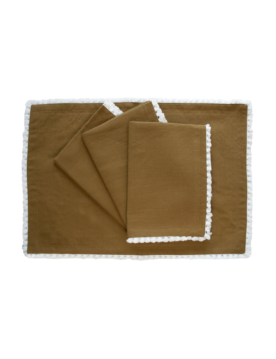 linen placemat in olive colour with cotton tassel trim