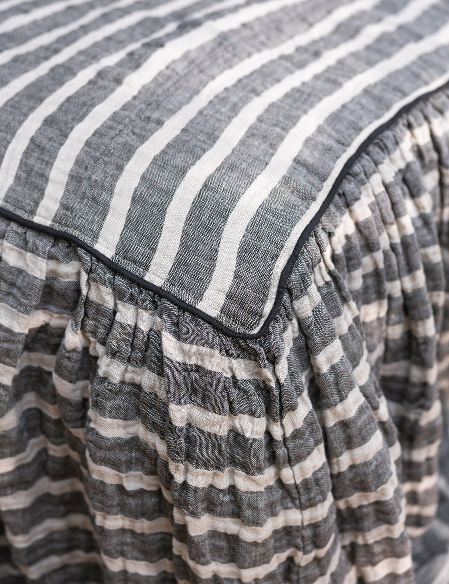 the details of our charcoal striped linen bed cover