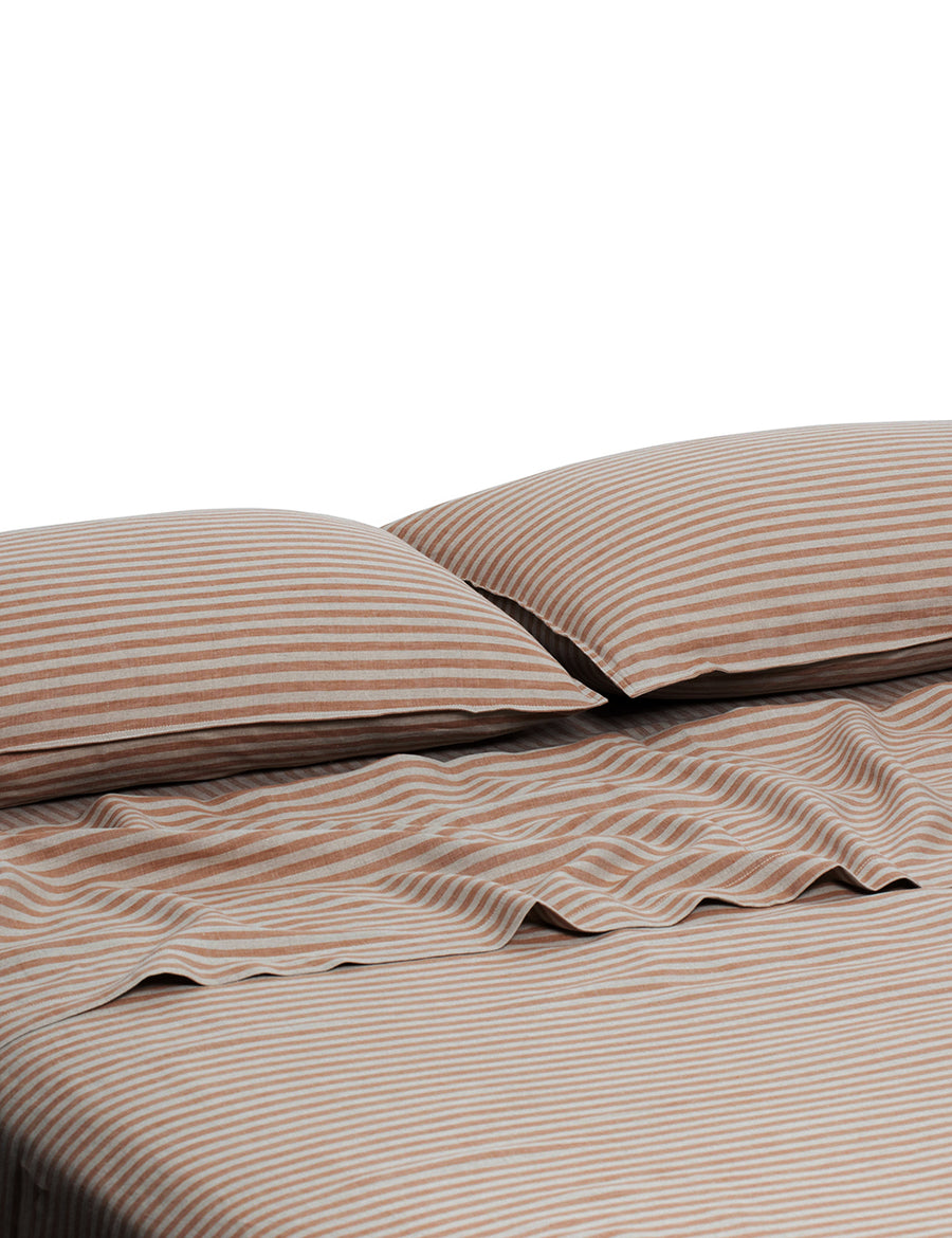 chaplin stripe linen sheet set in caramel colour 