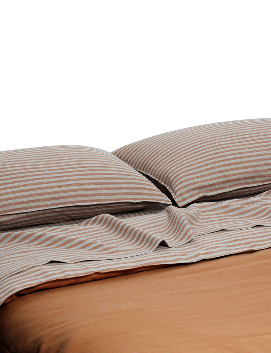 chaplin stripe linen sheet set in caramel colour