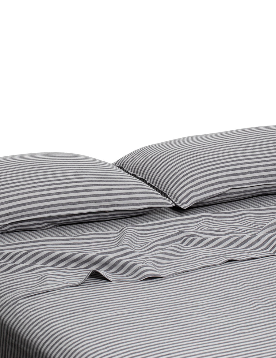 chaplin stripe linen sheet set in charcoal colour