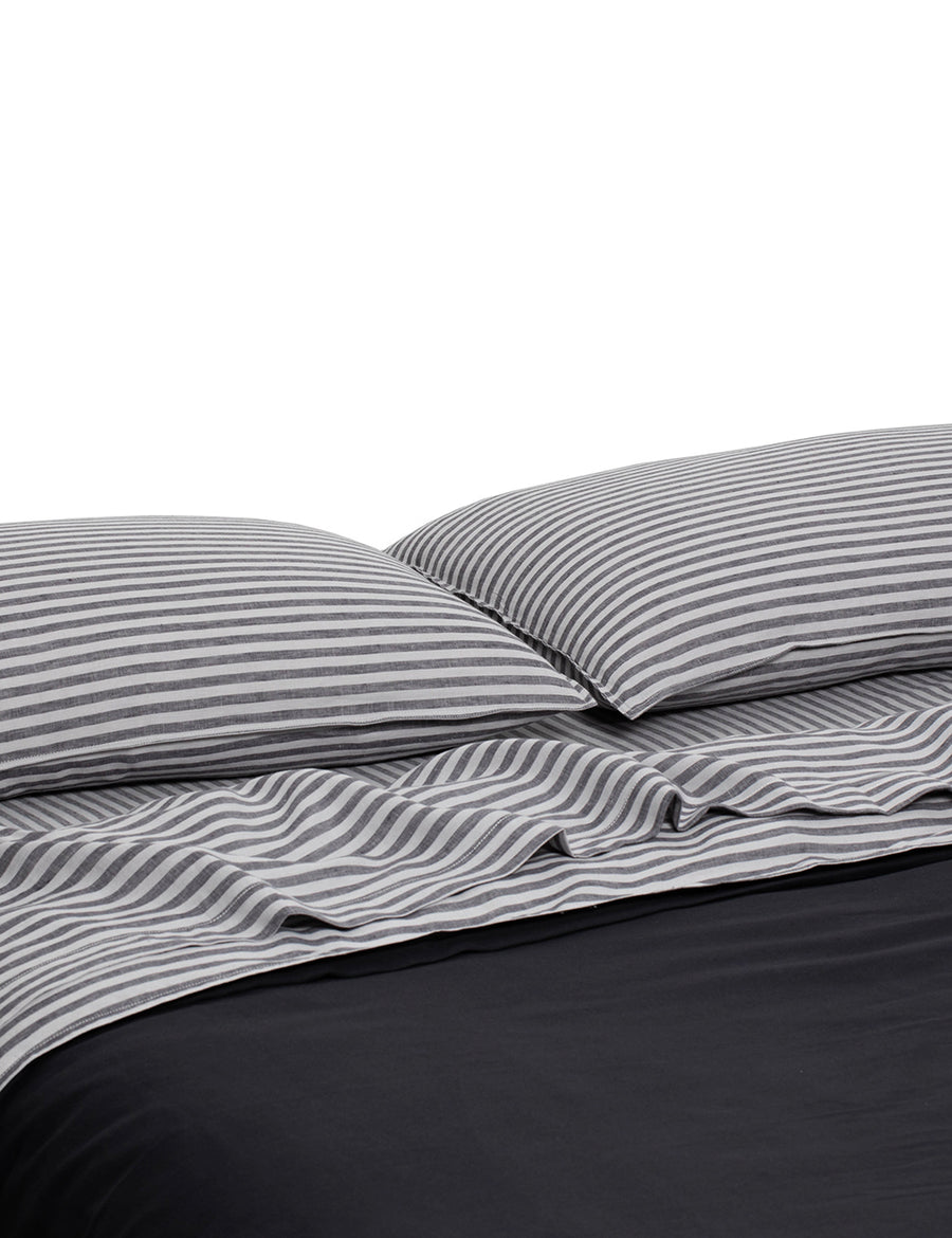 chaplin stripe linen sheet set in charcoal colour