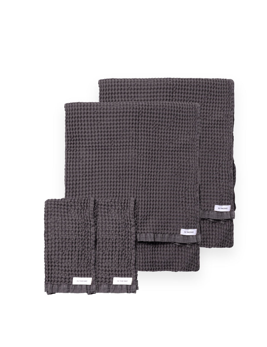 bundle photo of linen waffle hand and bath towel in graphite colour