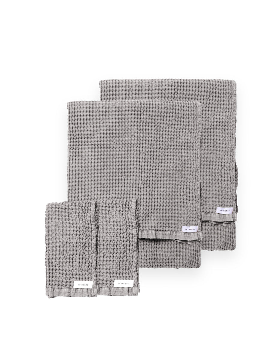 bundle photo of linen waffle hand and bath towel in grey colour