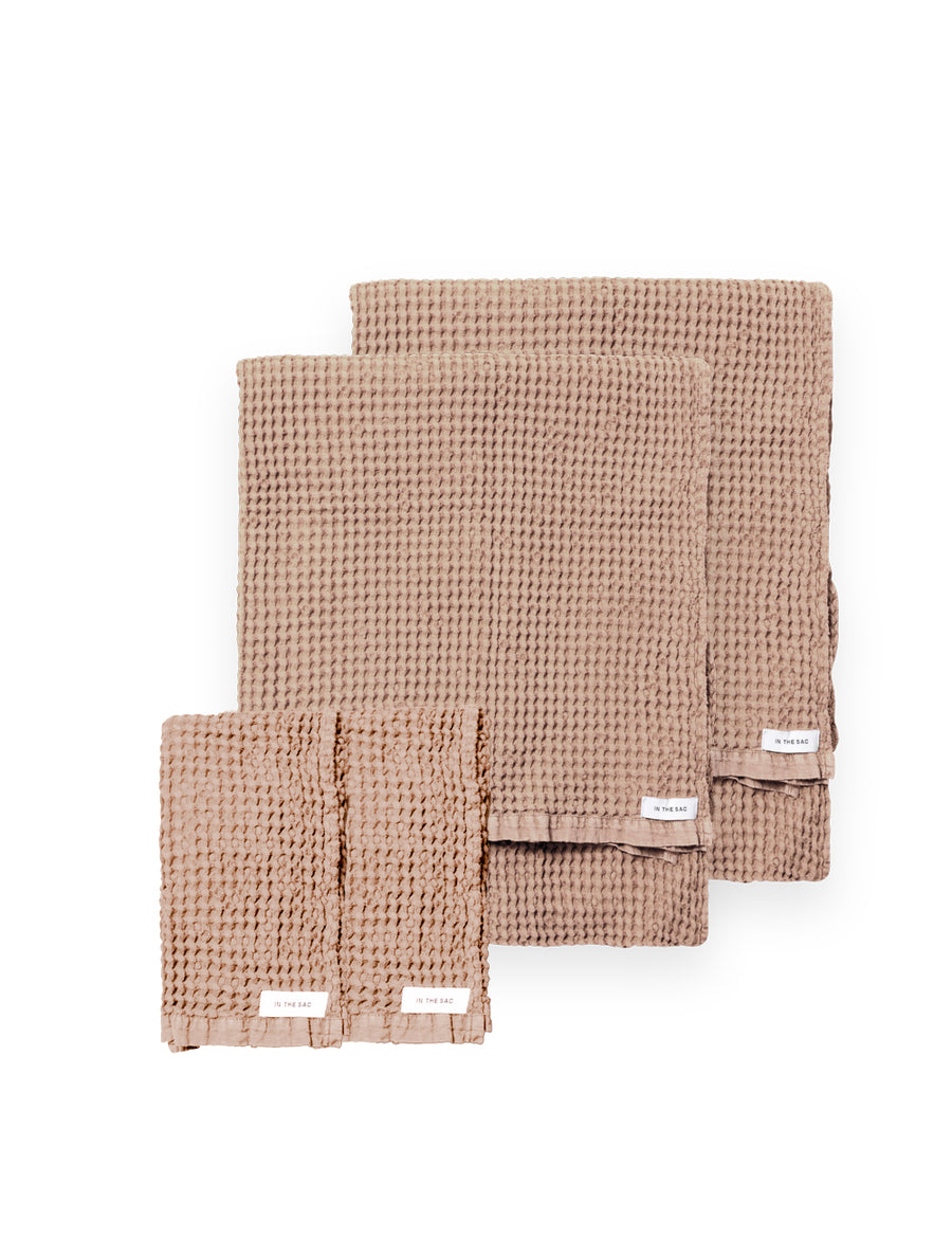 bundle photo of linen waffle hand and bath towel in nude colour