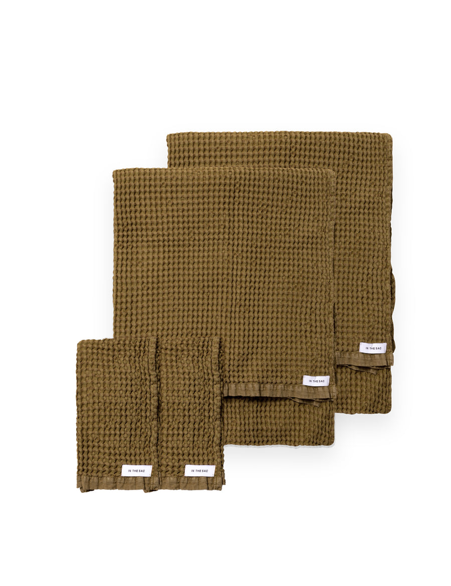 bundle photo of linen waffle hand and bath towel in olive colour