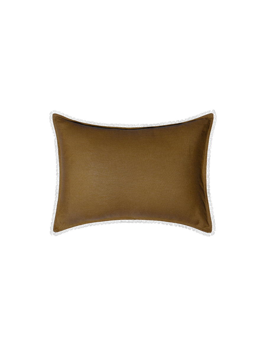 linen petite pillow with cotton tassel trim in olive colour