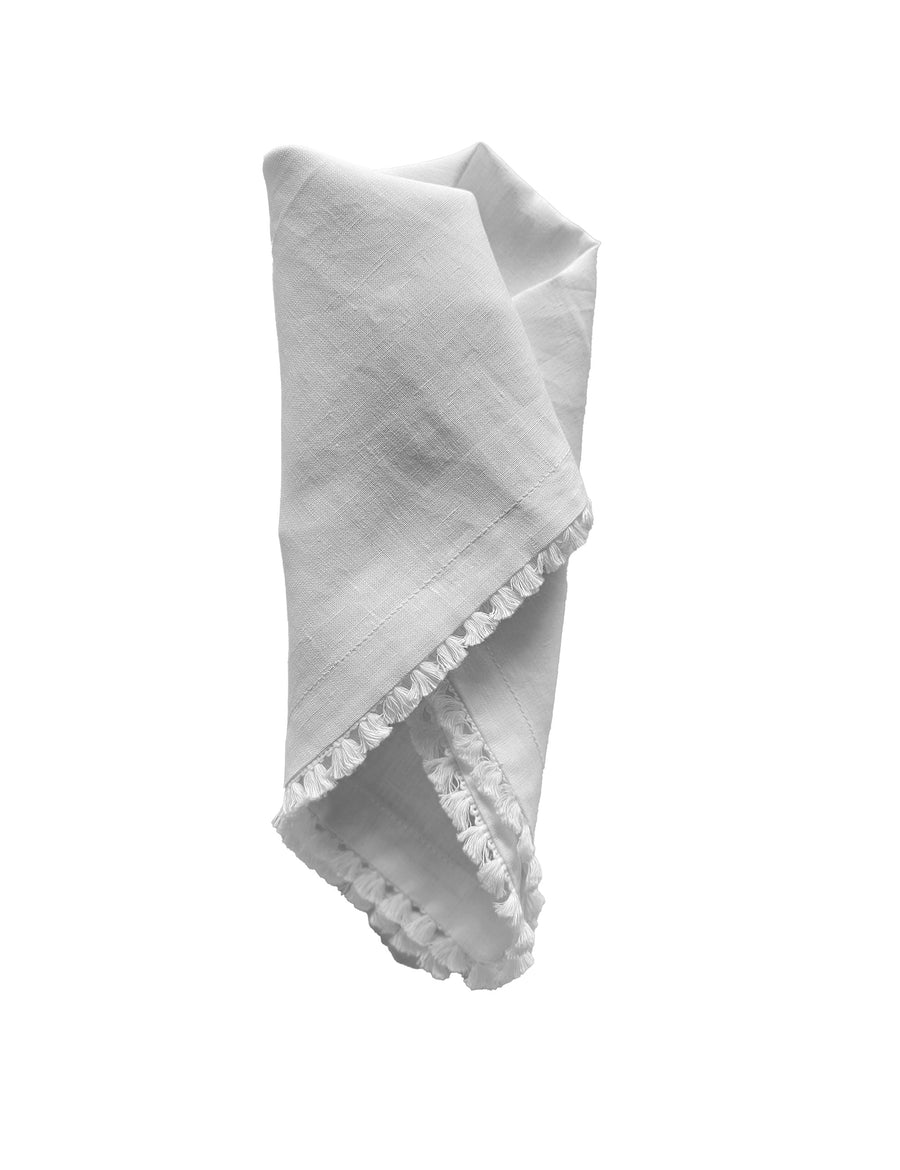 linen table napkin in white colour with cotton tassel trim in white