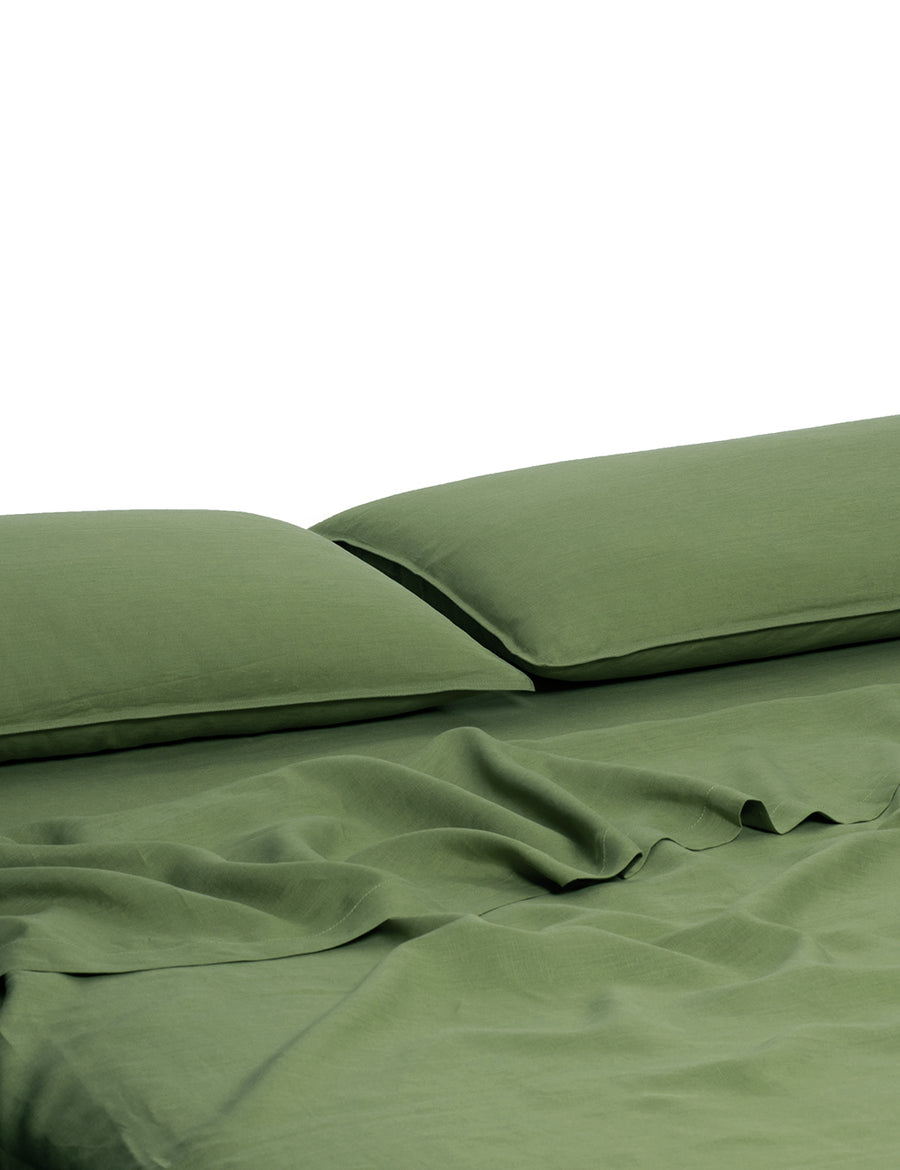 ecom shot of our classic linen sheet set in cactus colour
