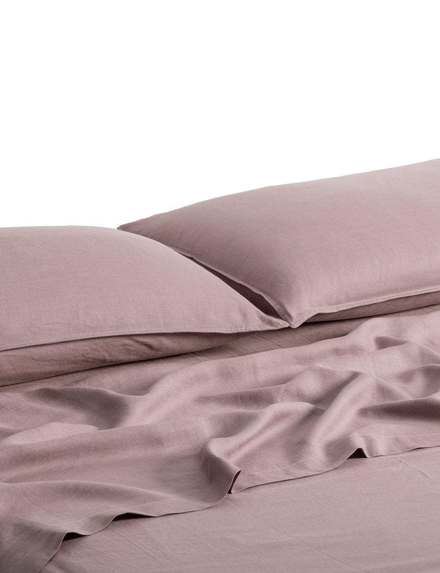 ecom shot of our classic linen sheet set in musk colour