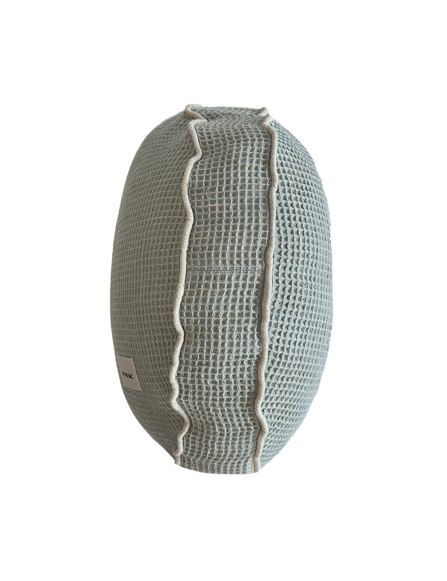 linen cotton textured macaron pillow in azure colour with natural piping details