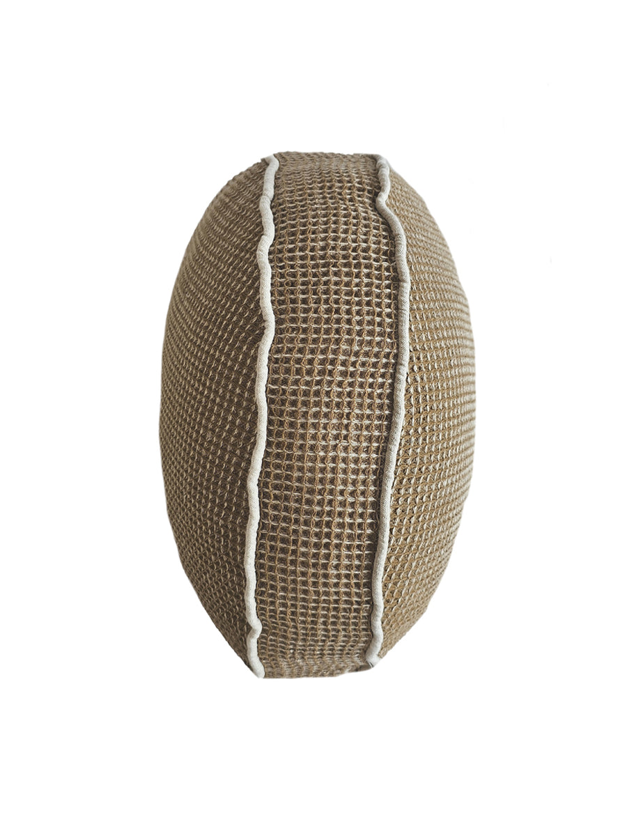 linen cotton textured macaron pillow in olive colour with natural piping details