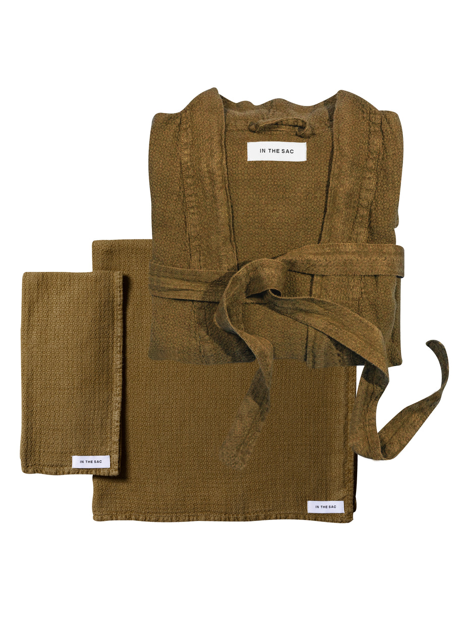 bundle photo of the linen jacquard hand towel, bath towel and bath robe in olive colour