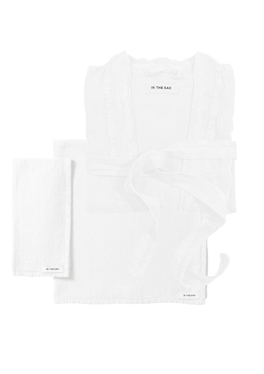 bundle photo of the linen jacquard hand towel, bath towel and bath robe in white colour