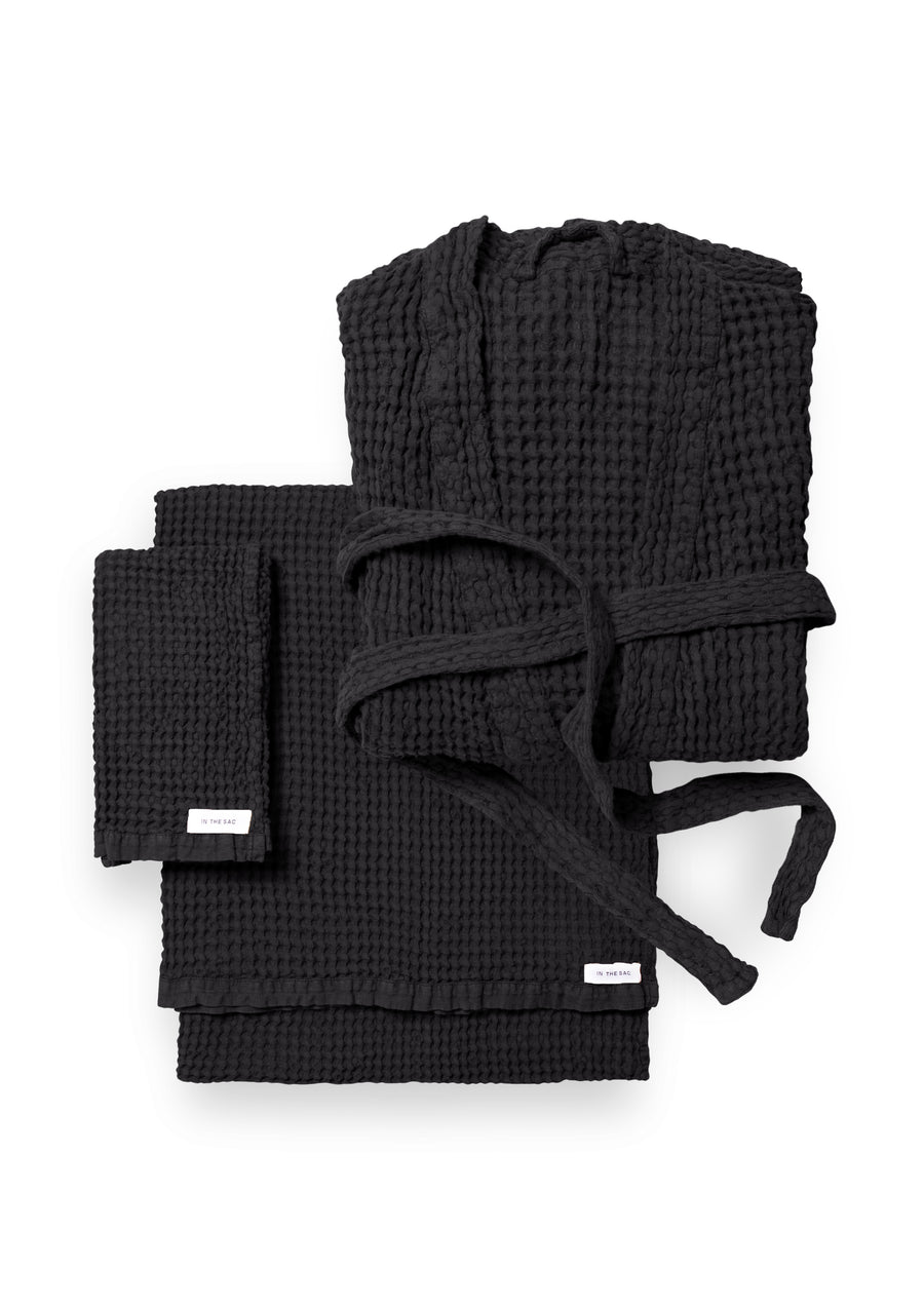 bundle photo of the linen waffle hand towel, bath towel and bath robe in charcoal colour