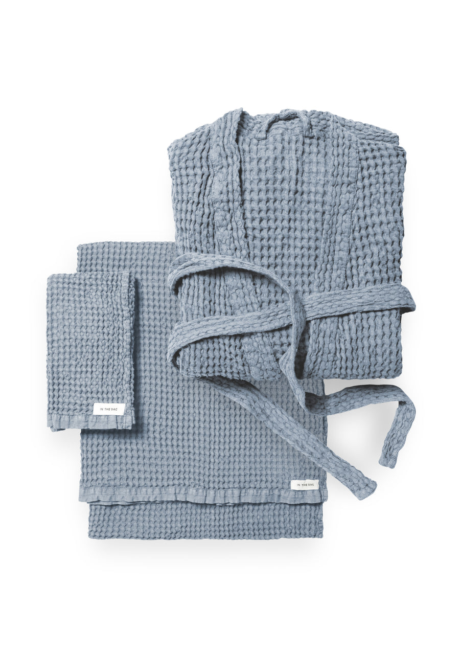 bundle photo of the linen waffle hand towel, bath towel and bath robe in cloud colour