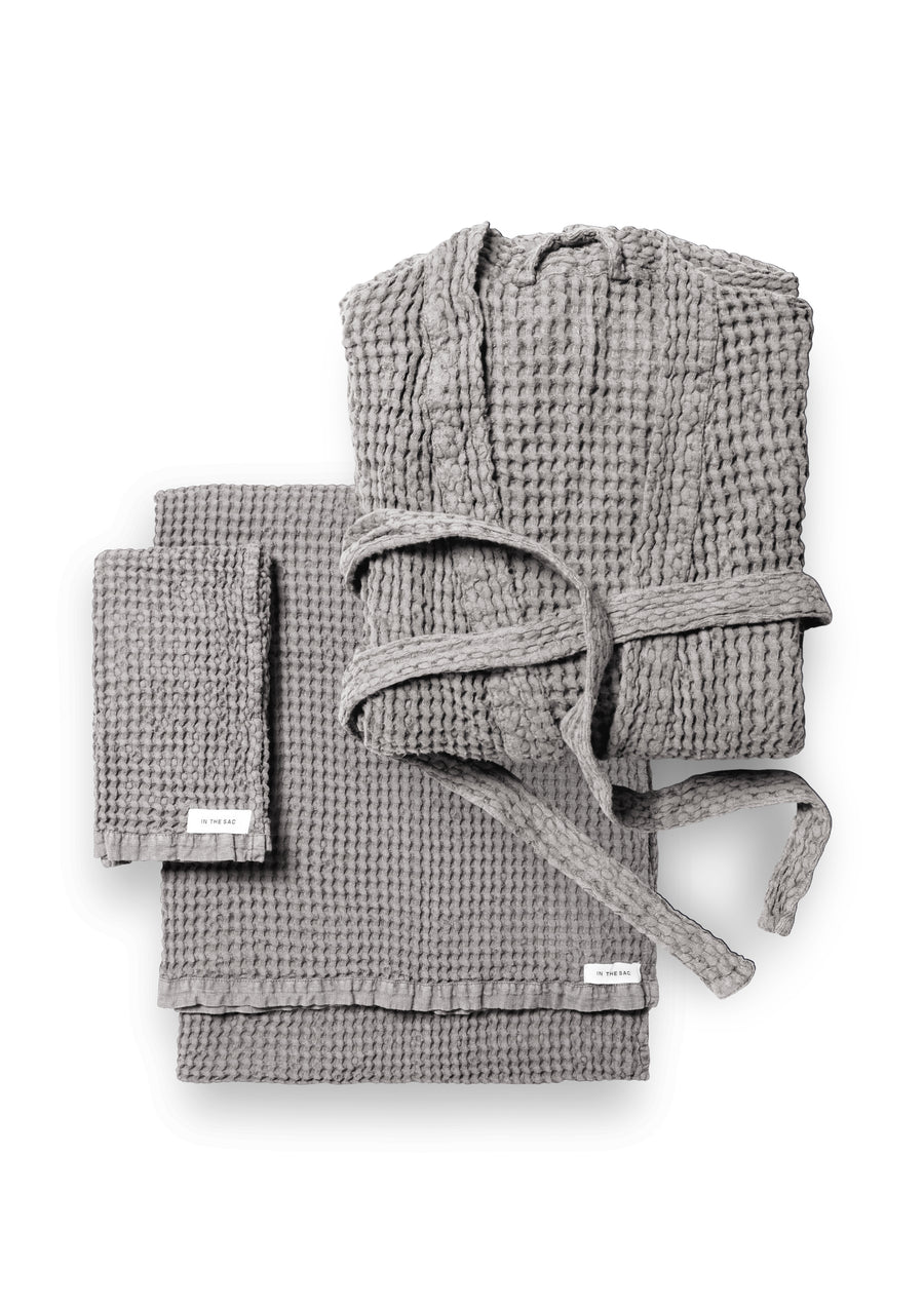 bundle photo of the linen waffle hand towel, bath towel and bath robe in grey colour