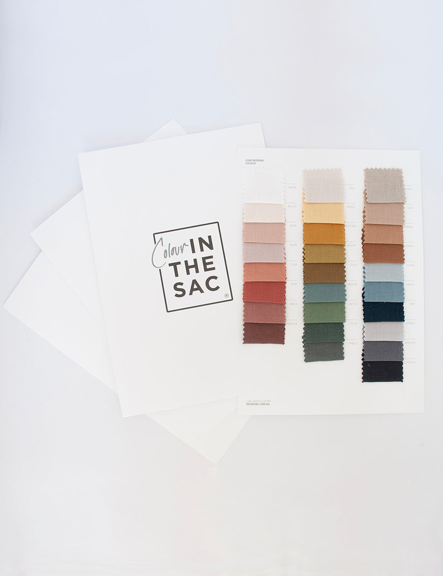 flat-lay photo of IN THE SAC linen core bedding colours