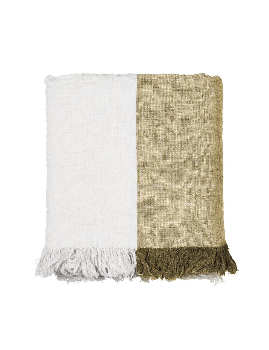 textured linen throw with fringe trim in colour block willow with natural