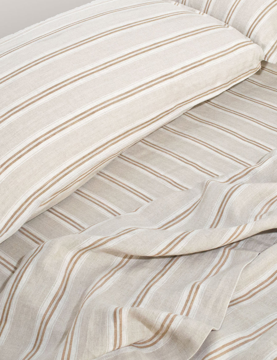 vintage stripe linen sheet set in caramel