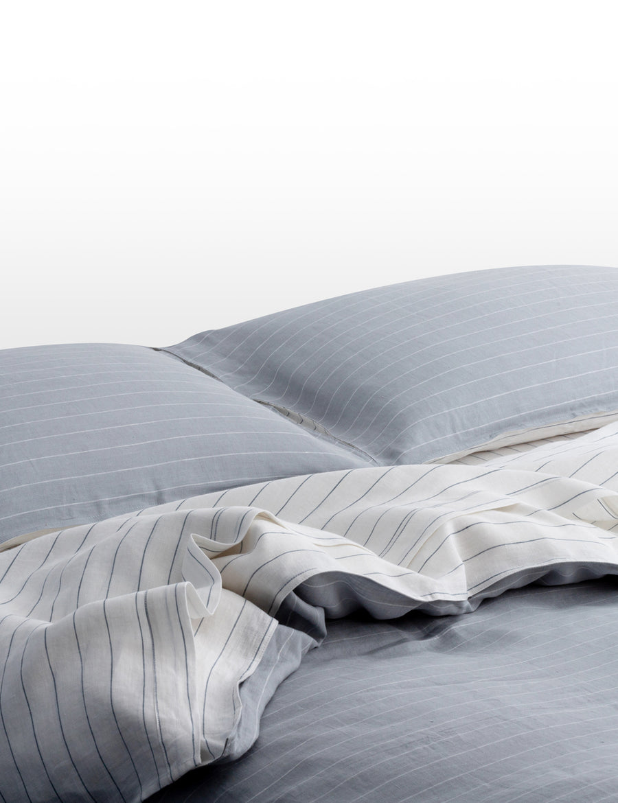 reversible pinstripe linen quilt set in cloud and white