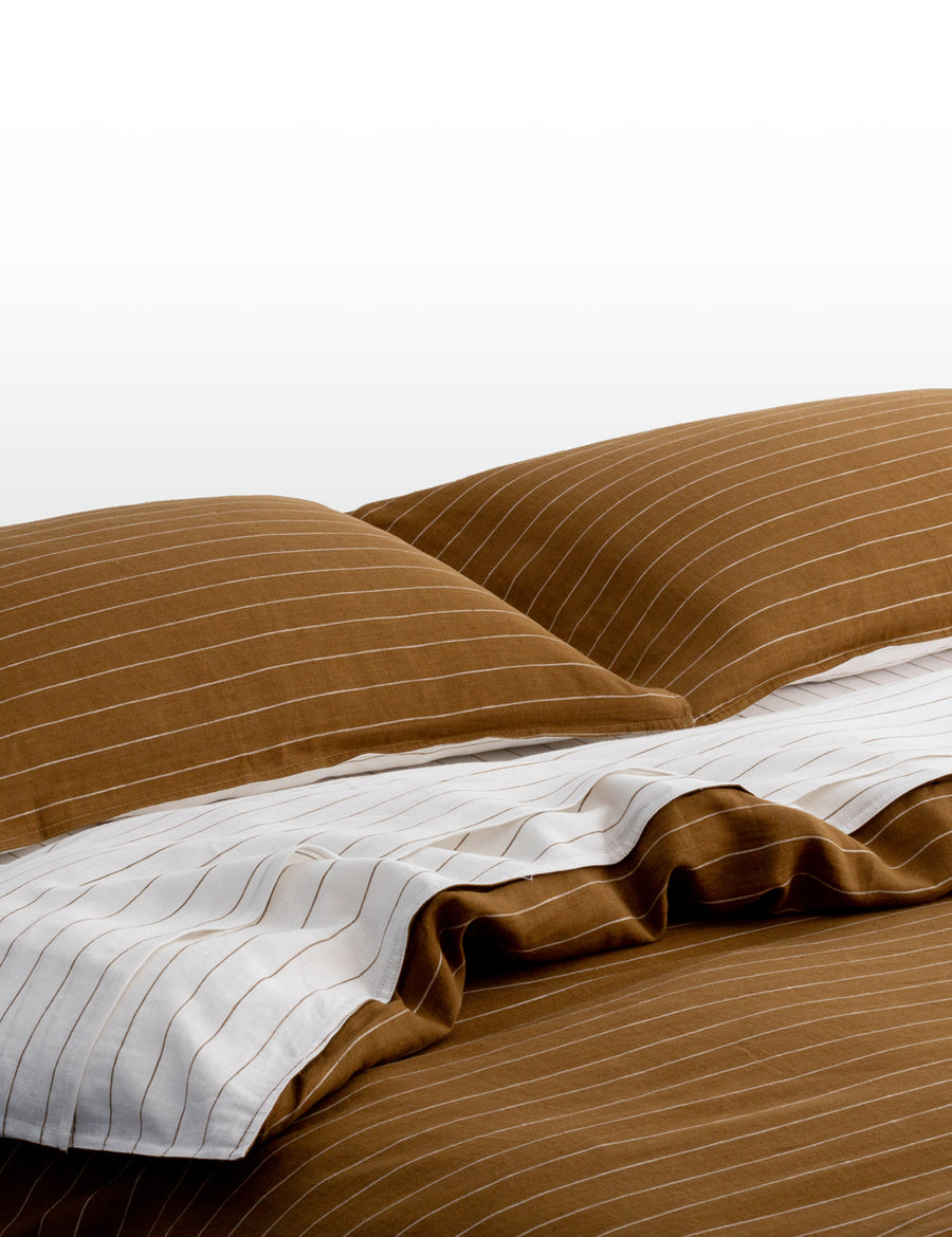 reversible pinstripe linen quilt set in olive and white