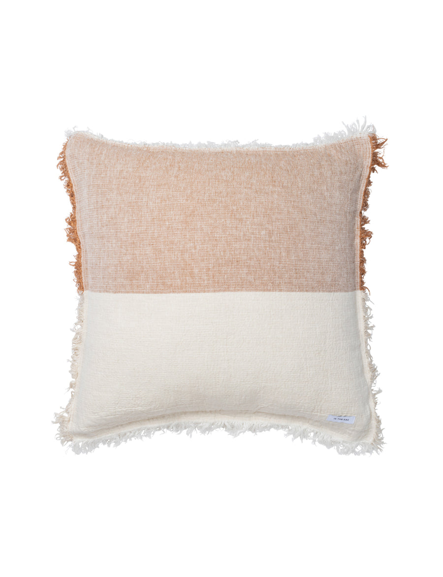 european linen textured pillowcase in colour block caramel and natural with fringe trim