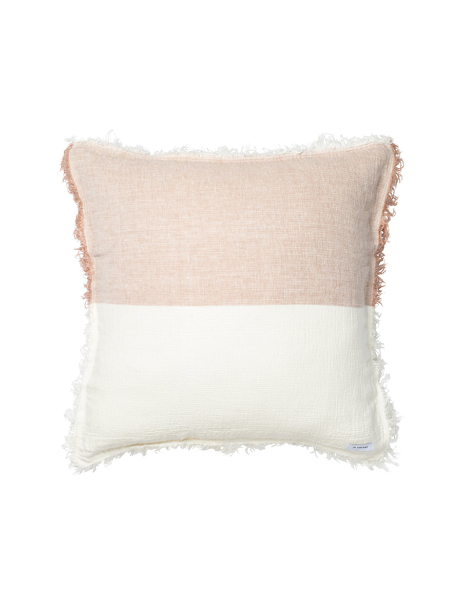 european linen textured pillowcase in colour block nude and ivory with fringe trim