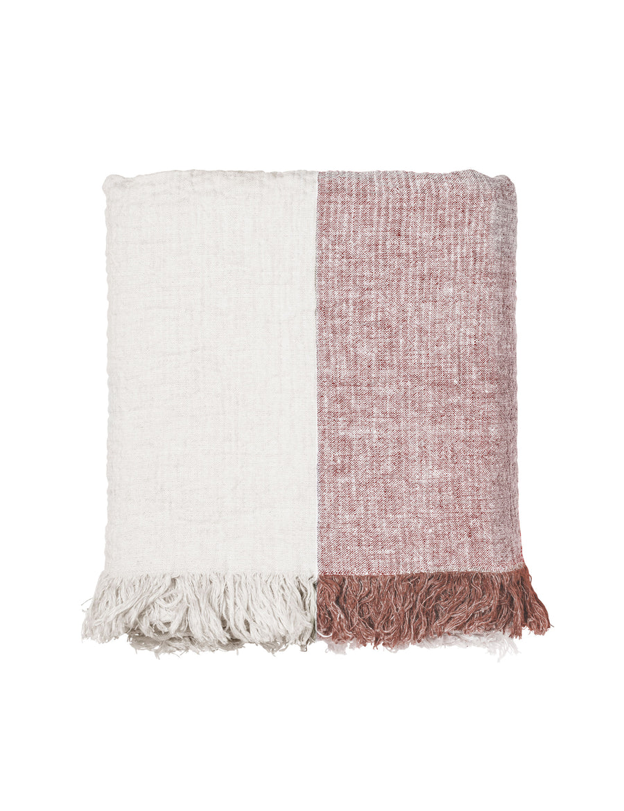 textured linen throw with fringe trim in colour block nude with ivory
