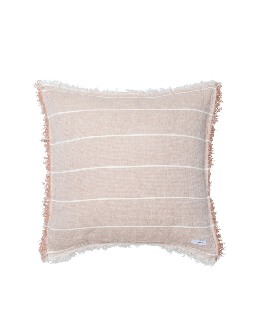 european linen textured pillowcase in stripes nude and ivory with fringe trim