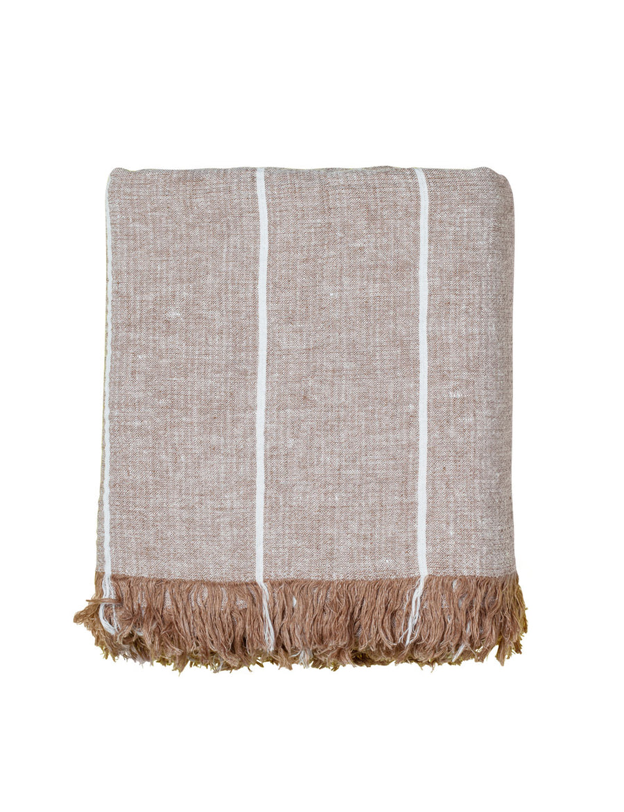 textured linen throw with fringe trim in stripes caramel with natural