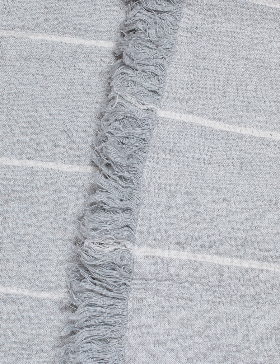 detail shot of textured linen throw with fringe trim in stripes cloud with ivory