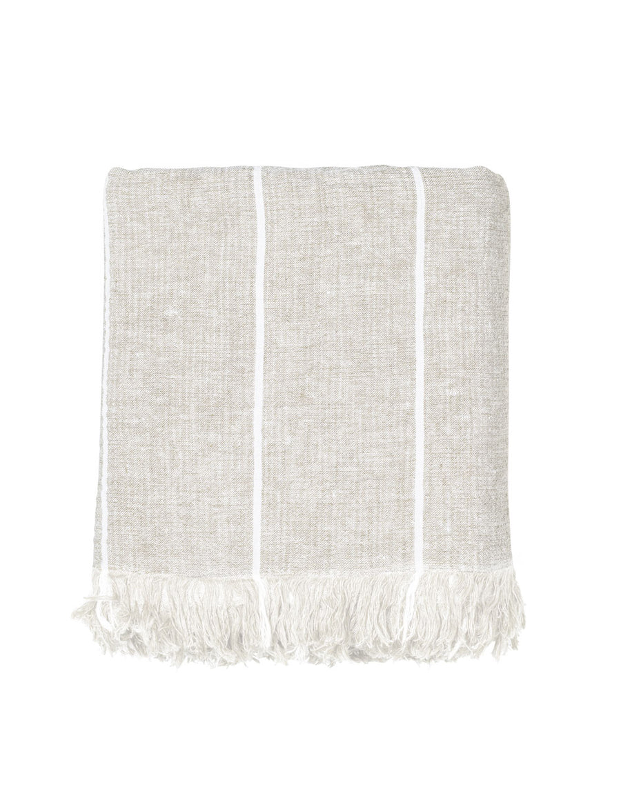 textured linen throw with fringe trim in stripes natural with ivory