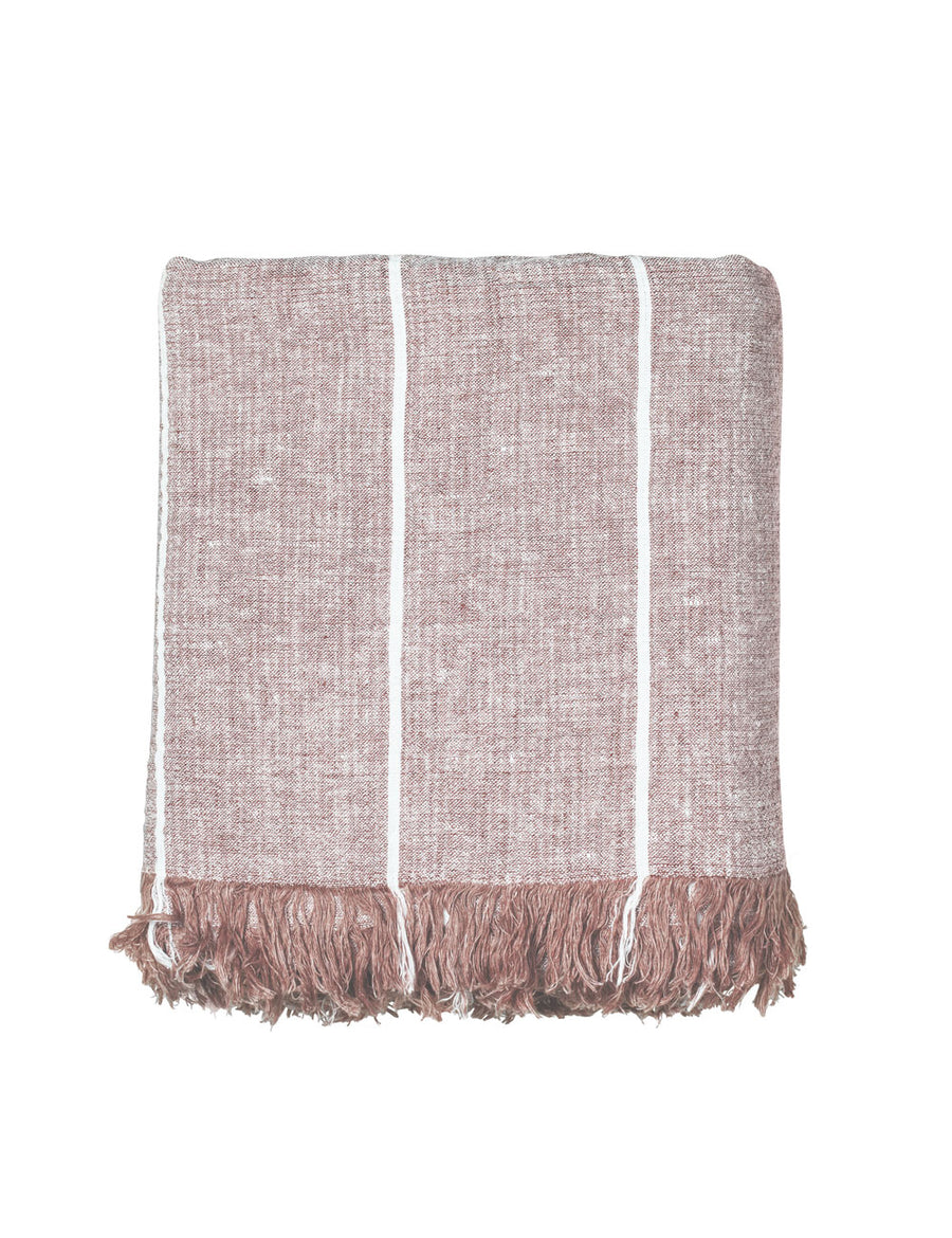 textured linen throw with fringe trim in stripes nude with ivory