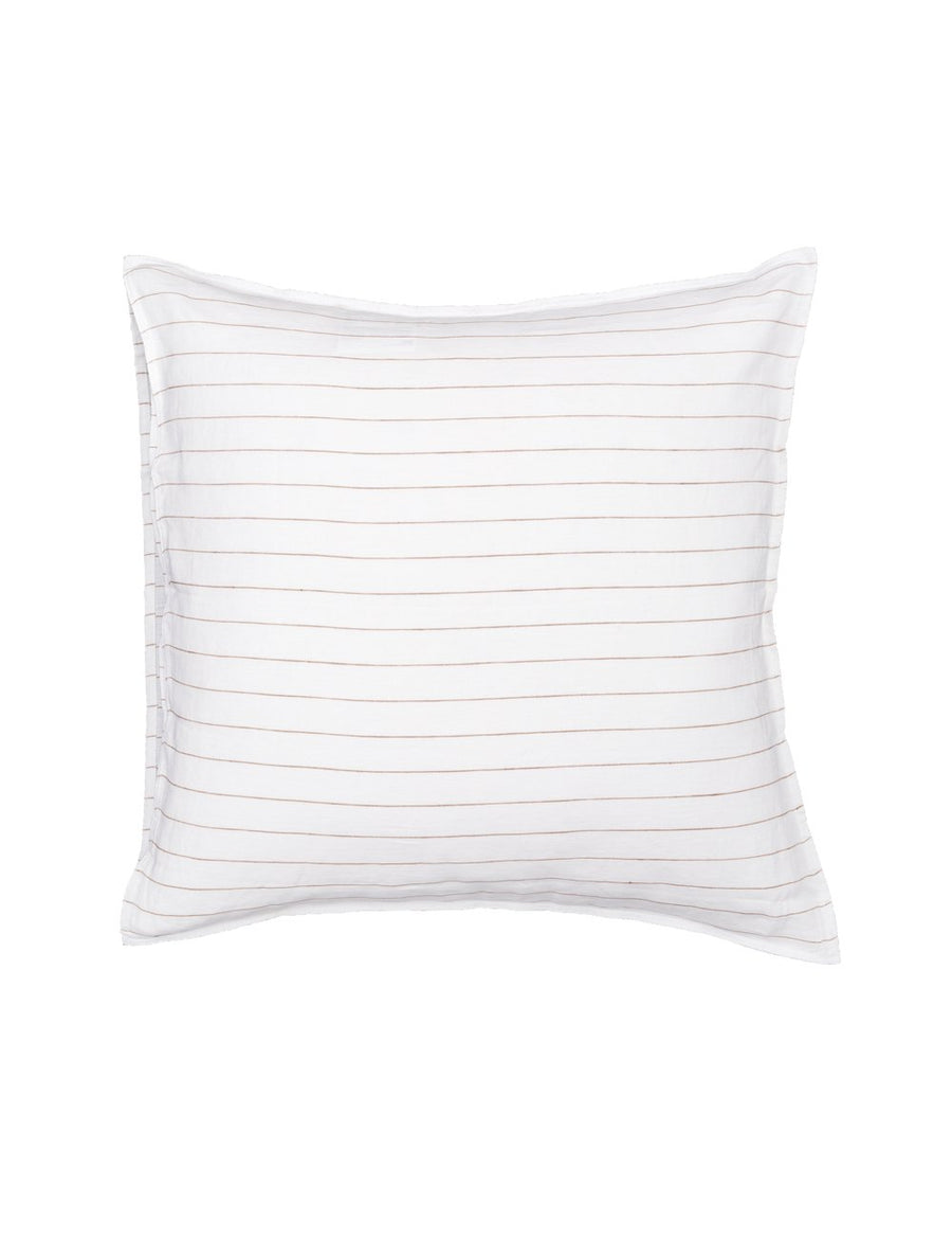 pinstripe european linen pillowcase in white and teak stripes