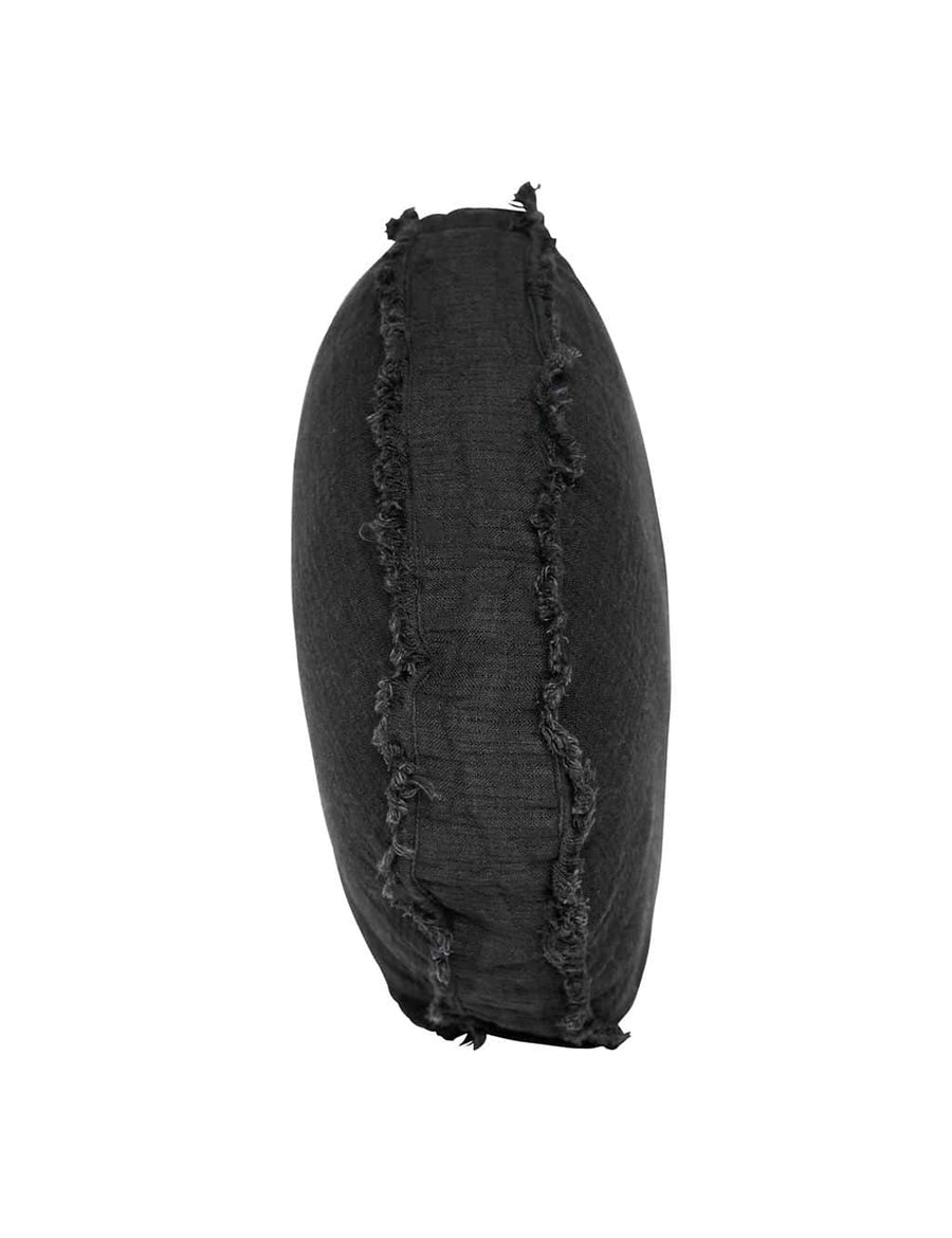 textured linen macaron shaped pillow with fringe trim in charcoal colour