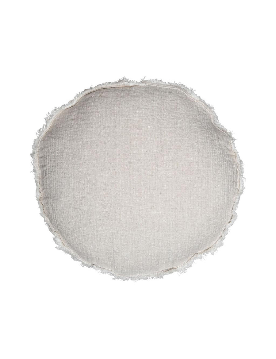textured linen macaron shaped pillow with fringe trim in natural colour