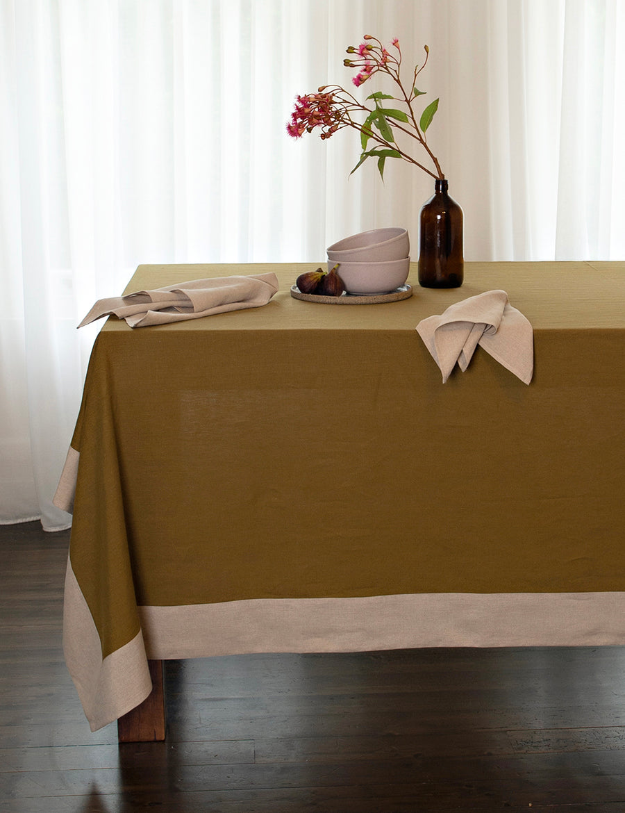 reversible linen tablecloth in olive and natural with rustic decor