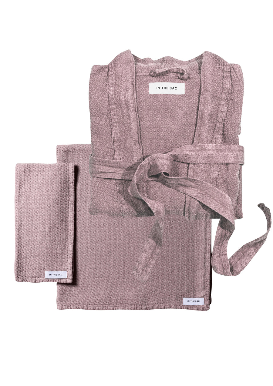bundle photo of the linen jacquard hand towel, bath towel and bath robe in musk colour