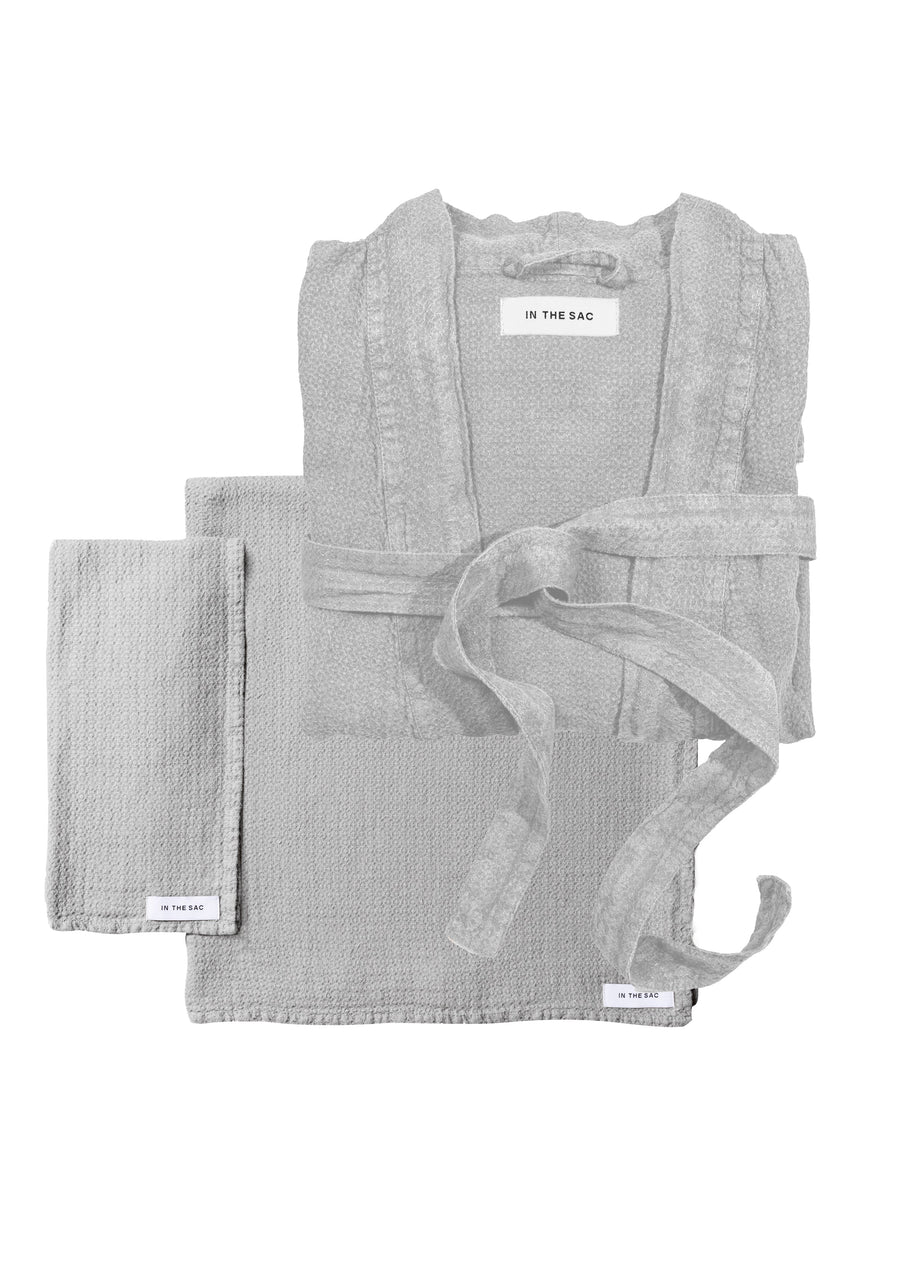 bundle photo of the linen jacquard hand towel, bath towel and bath robe in grey colour