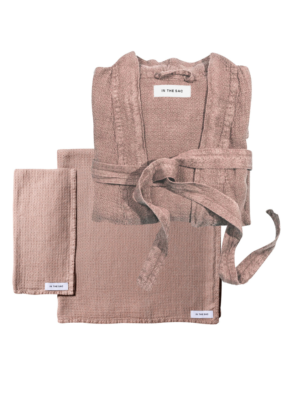 bundle photo of the linen jacquard hand towel, bath towel and bath robe in nude colour
