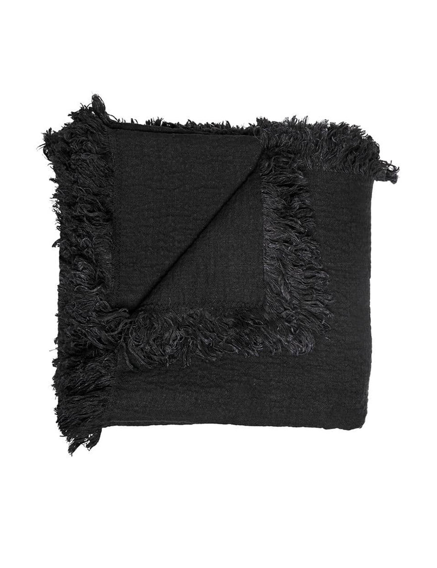 textured linen throw with fringe trim in charcoal colour