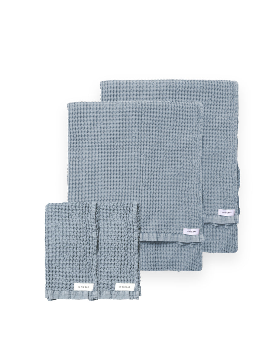 bundle photo of linen waffle hand and bath towel in cloud colour
