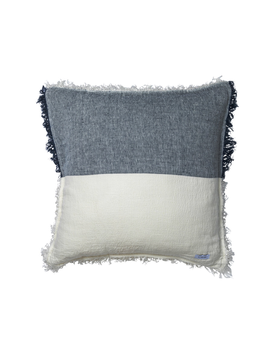 european linen textured pillowcase in colour block navy and ivory with fringe trim