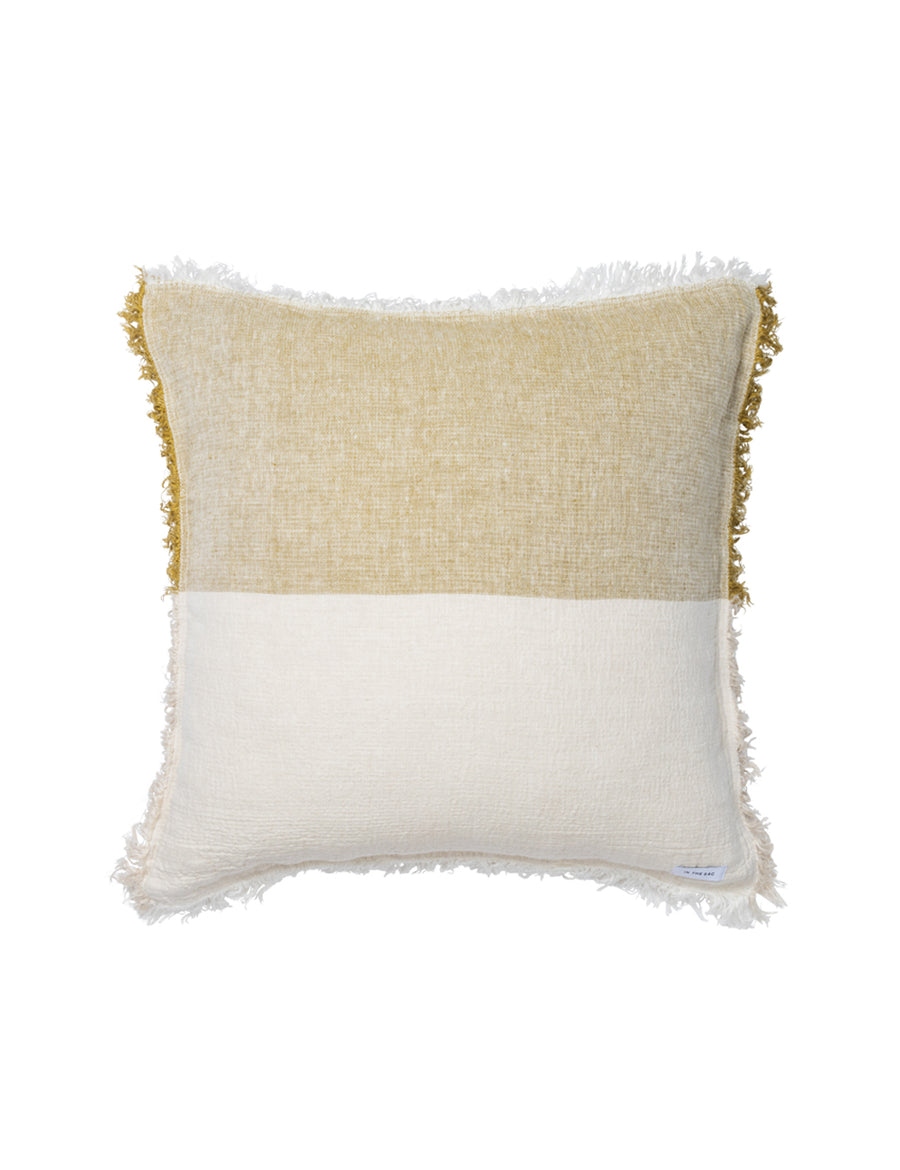 european linen textured pillowcase in colour block willow and natural with fringe trim