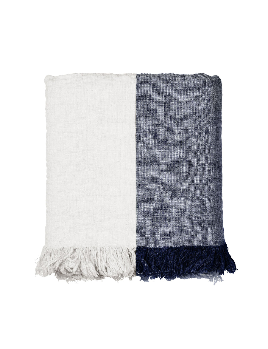 textured linen throw with fringe trim in colour block navy with ivory