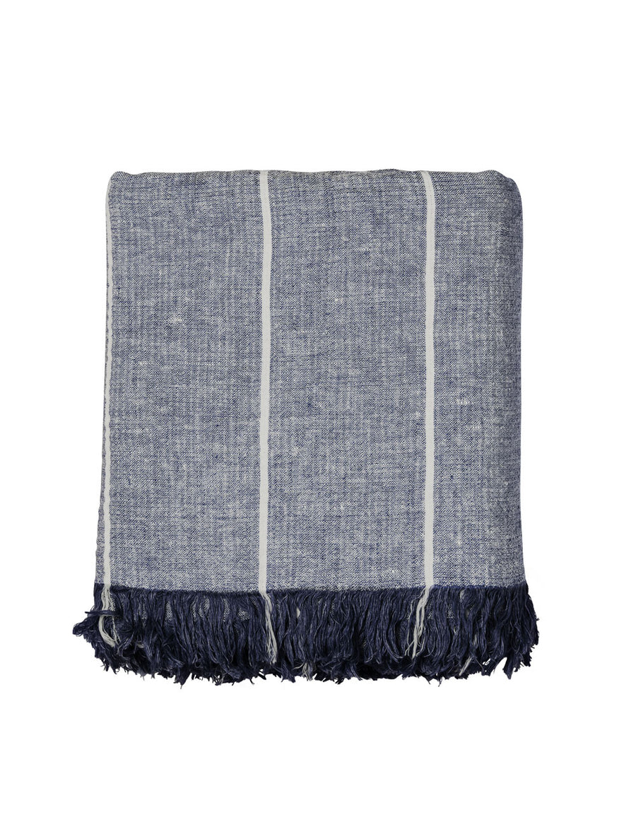 textured linen throw with fringe trim in stripes navy with ivory