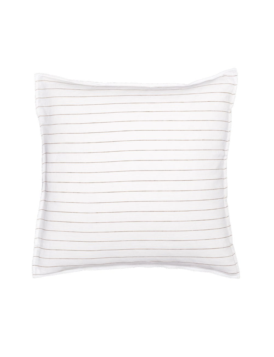 pinstripe european linen pillowcase in white and olive stripes